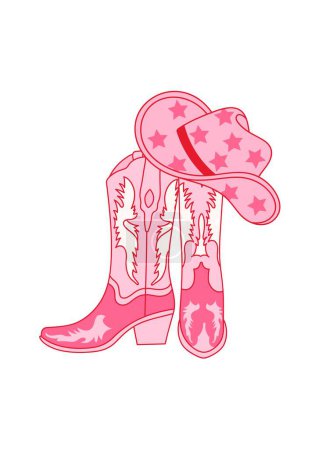 Retro Cowgirl Stiefel mit Hut. Cowboy-Western und Wildwest-Thema. Vektor-isoliertes Design für Postkarte, T-Shirt, Aufkleber usw..