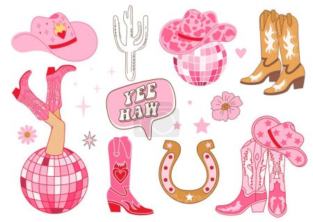 Illustration for Collection of retro Cowboy fashion elements. Cowgirl boots, disco ball, hat, horseshoe, cactus and lettering. Cowboy western and wild west theme. Hand drawn vector. - Royalty Free Image