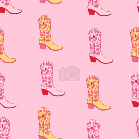Illustration for Retro seamless pattern with Cowgirl boots. Boots with ornament. Wild West fashion style vector for invitation, wrapping paper, packaging etc. - Royalty Free Image