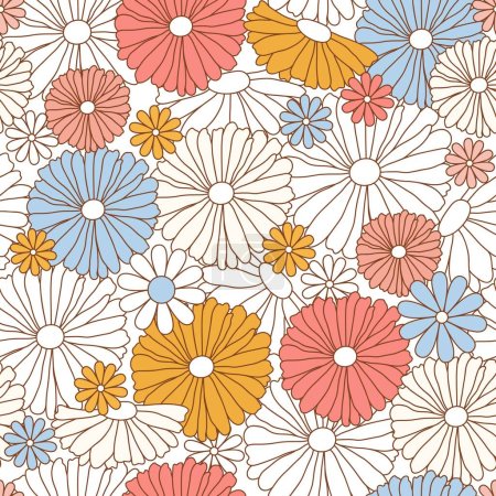 Illustration for Happy retro seamless pattern with groovy daisy flowers. Cute various bright color daisy. Vintage colorful trippy hippie vector for invitation, wrapping paper, packaging etc. - Royalty Free Image