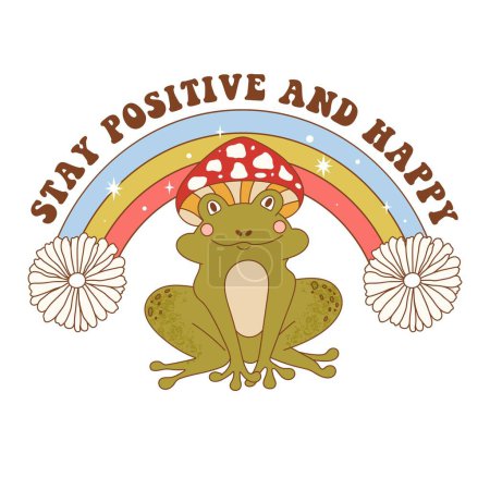 Illustration for Hippie retro greeting card. Typography Stay Positive And Happy with funky frog, bright rainbow and flowers. Vector illustration for postcard, poster, invitation, sticker etc. - Royalty Free Image