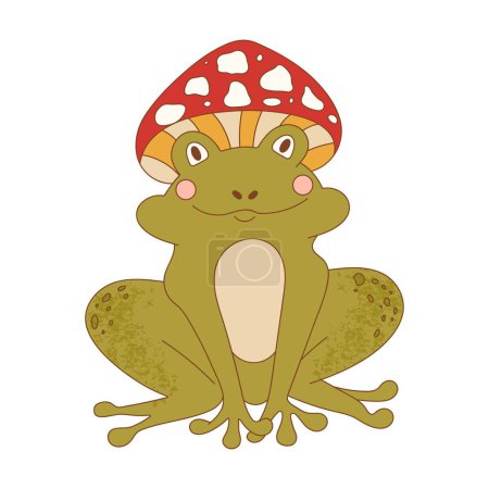 Téléchargez les illustrations : Grenouille funky groovy rétro des années 70 aux champignons. Grenouille personnage portant un chapeau de champignon. Crapaud groovy naïf illustration vintage psychédélique. - en licence libre de droit