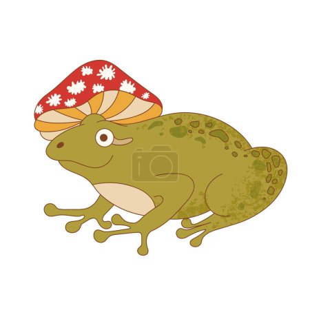 Illustration for Retro 70s groovy funky frog with mushrooms. Frog character wearing mushroom hat. Naive groovy toad psychedelic vintage illustration. - Royalty Free Image