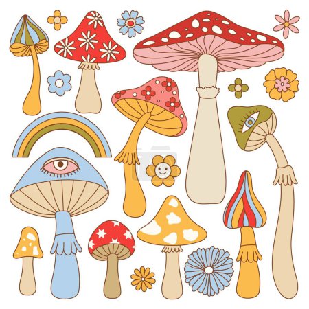 Illustration for Set of 70s trippy hallucinogen  groovy mushrooms, rainbow and flowers. Hippie psychedelic fly agaric fungus pack. Naive groovy hippie isolated vector illustration. - Royalty Free Image