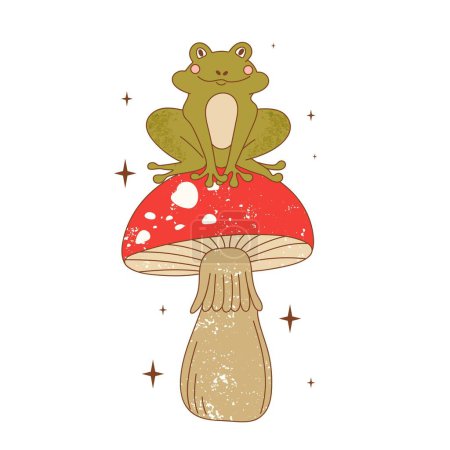 Retro 70er Jahre groovy funky Frosch mit Pilz. Froschfigur sitzt auf Pilz. Naive groovy Kröte psychedelische Vintage Illustration.