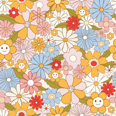 Illustration for Retro 70s hippie vibrant seamless pattern with groovy flowers. Vintage character daisy flowers. Vector surface design for invitation, wrapping paper, packaging etc. - Royalty Free Image