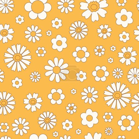 Ilustración de Retro 70s hippie vibrante patrón sin costuras con flores groovy. Flores de margarita vintage. Diseño de superficie vectorial para invitación, papel de embalaje, embalaje, etc.. - Imagen libre de derechos