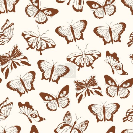 Illustration for Retro 70s hippie monochrome seamless pattern with groovy butterflies. Hallucinogen bohemian print for fabric, packaging, scrapbooking and wrapping paper. Vector illustration. - Royalty Free Image