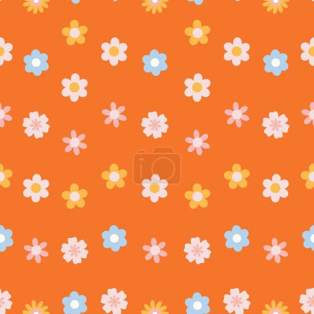 Illustration for Retro 70s hippie vibrant seamless pattern with groovy flowers. Vintage daisy flowers. Vector surface design for invitation, wrapping paper, packaging etc. - Royalty Free Image