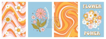 Illustration for Groovy hippie retro 70s posters. Set of naive vintage greeting card. Hallucinogen funny cartoon flowers, daisy, rainbow etc. Flower Power. Everything is Fine. Vector design on Y2k aesthetic backgrounds. - Royalty Free Image