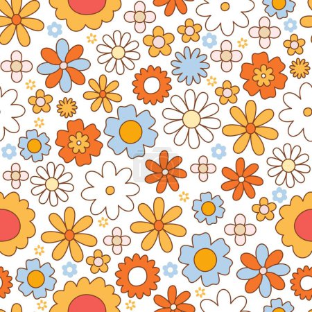 Retro 70s hippie vibrant seamless pattern with groovy flowers. Vintage daisy flowers. Vector surface design for invitation, wrapping paper, packaging etc.