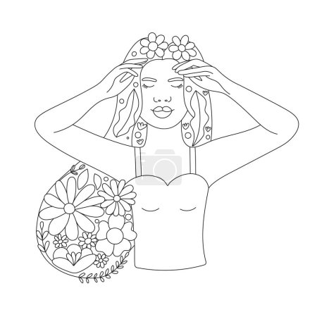 Illustration for Abstract line minimalistic woman face art. Beautiful girl portrait with cute flowers in hair. Blossom. Elegant linear illustration. Vector for prints, tattoos, posters, textile, cards etc. - Royalty Free Image