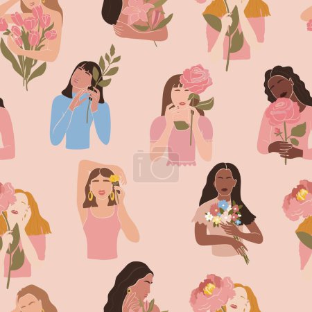 Illustration for Seamless pattern with women different nationalities and cultures. Women with floral. Girl power, struggle for equality, feminism concept. Texture for textile, packaging, wrapping paper, social media post etc. Vector. - Royalty Free Image