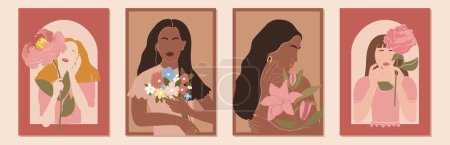 Illustration for Set of International Women's Day greeting card. Abstract woman portrait different nationalities with flowers. Girl power, struggle for equality, feminism, sisterhood concept. Vector illustration. - Royalty Free Image