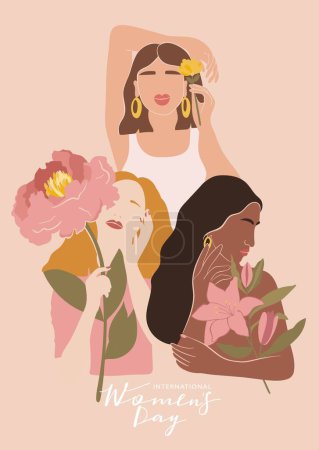 Illustration for International Women's Day greeting card. Abstract woman portrait different nationalities with flowers. Girl power, struggle for equality, feminism, sisterhood concept. Vector illustration. - Royalty Free Image