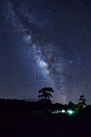 Téléchargez les photos : Galaxie de la voie lactée et silhouette de l'arbre avec nuage au parc national Phu Hin Rong Kla, Phitsanulok Thaïlande - en image libre de droit
