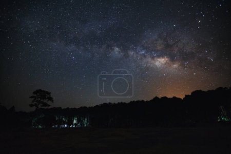 Foto de Vía Láctea y silueta del árbol en el Parque Nacional Phu Hin Rong Kla, Phitsanulok Tailandia, Fotografía de larga exposición. - Imagen libre de derechos