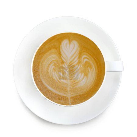 Téléchargez les photos : Café latte art vue de dessus sur fond blanc - en image libre de droit