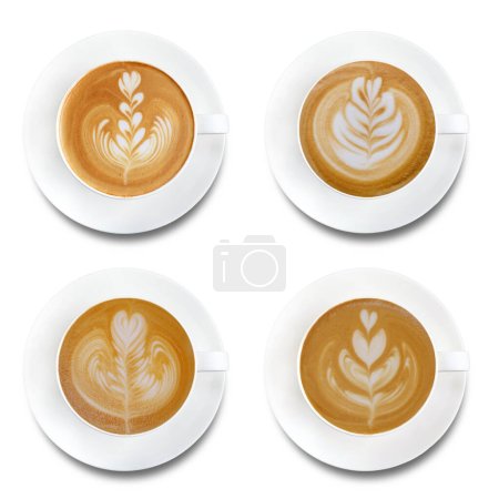 Foto de Vista superior del conjunto de arte latte café caliente aislado sobre fondo blanco.Colección - Imagen libre de derechos