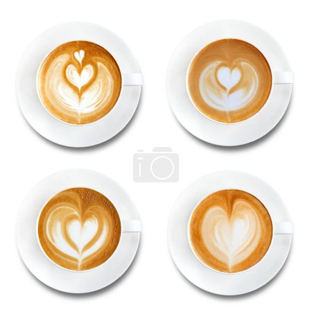 Photo for Top view of hot coffee latte art set isolated on white background.Collection - Royalty Free Image