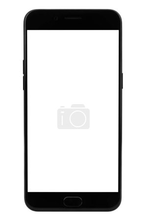 Foto de Teléfono inteligente moderno en pantalla blanca para maqueta - Imagen libre de derechos
