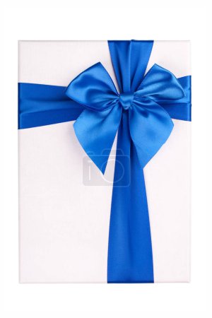Photo for White gift Box with blue ribbon Isolated on white backgroun - Royalty Free Image