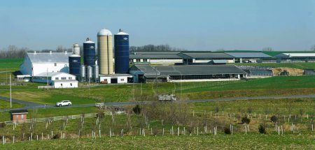 Foto de Strasburg, Pennsylvania, Estados Unidos - 14 de marzo de 204 - Una gran granja amish con silos de maíz - Imagen libre de derechos