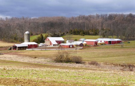 Foto de Una gran granja amish con silos de maíz y un gran campo cerca de Strasburg, Pennsylvania, EE.UU. - Imagen libre de derechos