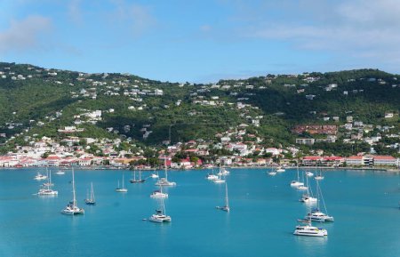 Beautiful view of the private yachts and boats on the bay overlooking the town near St Thomas, U.S Virgin Islands
