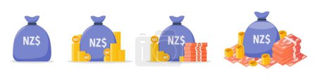 Téléchargez les illustrations : New Zealand Dollar Money Bag Icon Set - en licence libre de droit