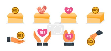 Téléchargez les illustrations : Donation Using New Zealand Dollar Money Icons - en licence libre de droit