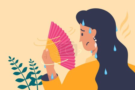 Illustration for Sweaty Woman Using Foldable Hand Fan - Royalty Free Image