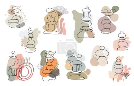 Téléchargez les illustrations : Zen stone cairns set in simple abstract doodle style vector illustration with shapeless forms, relax, meditation yoga concept, boho color stone pyramid for making banner, poster, card, print, wall art - en licence libre de droit