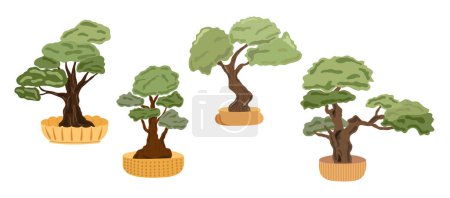 Illustration for Decorative bonsai trees set in flower pots, domestic plant simple cartoon vector illustration, Japanese traditional culture element in simple flat style - Royalty Free Image