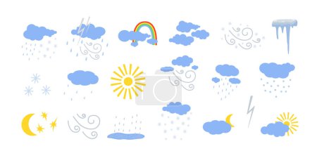 Wetterelemente setzen Sonne, Wind, Regen, Nebel, Wolken niedliches handgezeichnetes Doodle minimalistische Vektorillustration, einfaches Symbol, um Wetter, Umwelt, Klima-Cartoon-Objekt, Wettervorhersage Bild zu beschreiben