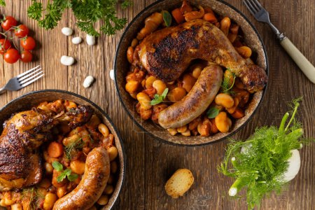 Traditional French one-pot dish with beans, chicken and white sausage. Cassoulet. Natural wooden background.