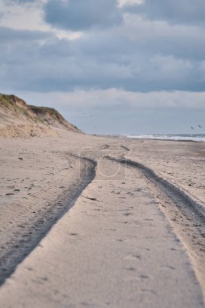 Foto de Pistas de neumáticos en la playa en denmark. Foto de alta calidad - Imagen libre de derechos