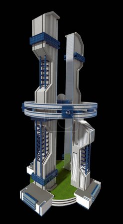 Téléchargez les photos : Futuristic city high-rise structures for science fiction game architecture. Le chemin de coupe est inclus dans l'illustration 3D. - en image libre de droit