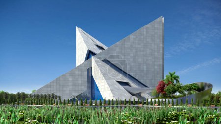 Photo for Futuristic architecture illustration with an origami-shaped building showing interlocked, triangular, glass and steel structures. - Royalty Free Image