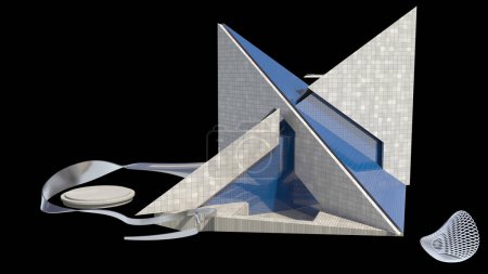 Photo for Futuristic architecture with concrete and glass interlocked triangular structures, isolated on black, with the clipping path included in the illustration. - Royalty Free Image