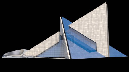 Photo for Futuristic architecture with concrete and glass interlocked triangular structures, isolated on black, with the clipping path included in the illustration. - Royalty Free Image