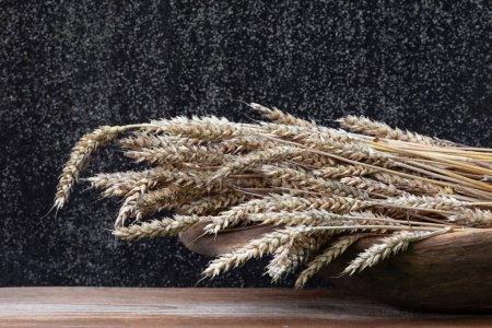 Téléchargez les photos : Oreilles de blé sur une table en bois sur un fond sombre - en image libre de droit