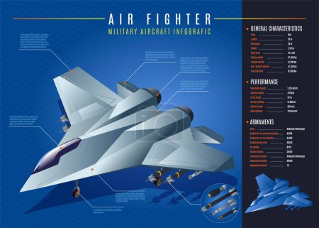 Illustration for Air Fighter Military Aircraft Air Force horizontal infografic of isometric icons with text vector illustration on isolated deep blue background - Royalty Free Image