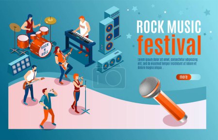 Illustration for Rock Music Festival landing page with people singing and playing various musical instruments, modern concert poster, audio blog concept, Isometric Vector illustration on isolated background - Royalty Free Image