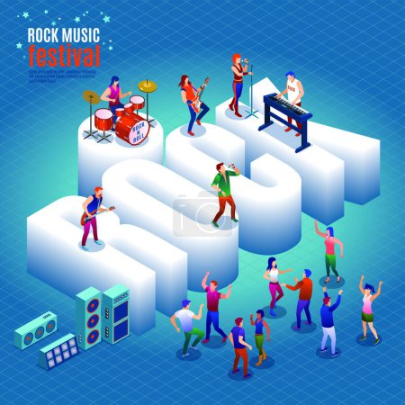 Illustration for Rock Music Festival and isometric word Rock with rock band and dancing fans, modern concert poster, audio blog concept, Isometric Vector illustration on isolated background - Royalty Free Image
