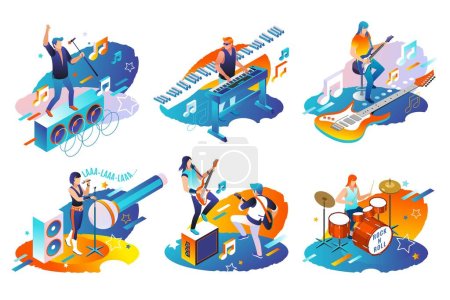 Illustration for Rock Musicians and Singers of rock band, musical instruments, audio blog concept, isometric vector illustrations on isolated background - Royalty Free Image