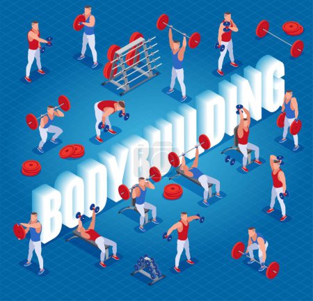 Illustration for Strength training in the gym and 3d word Bodybuilding. Barbell and Dumbbell exercises. Healthy and active lifestyle. Isometric icons on isolated background - Royalty Free Image