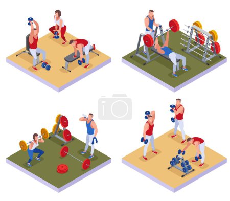 Téléchargez les illustrations : Bodybuilders in the gym 2X2 illustration isometric icons on isolated background - en licence libre de droit
