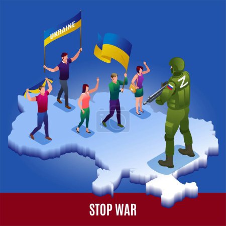 Illustration for Ukrainians who face Big Russian soldier and oppose the invasion of Ukraine. Stop Russia. Illustration isometric icons on isolated background - Royalty Free Image