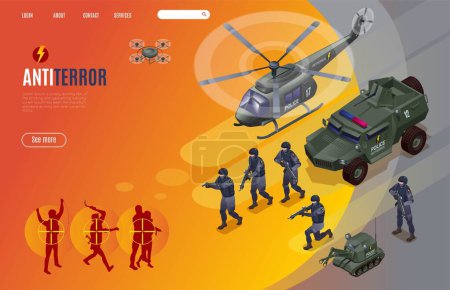 Téléchargez les illustrations : AntiTerror Special Police Forces Landing Page, modern concept poster, isometric icons on isolated background - en licence libre de droit